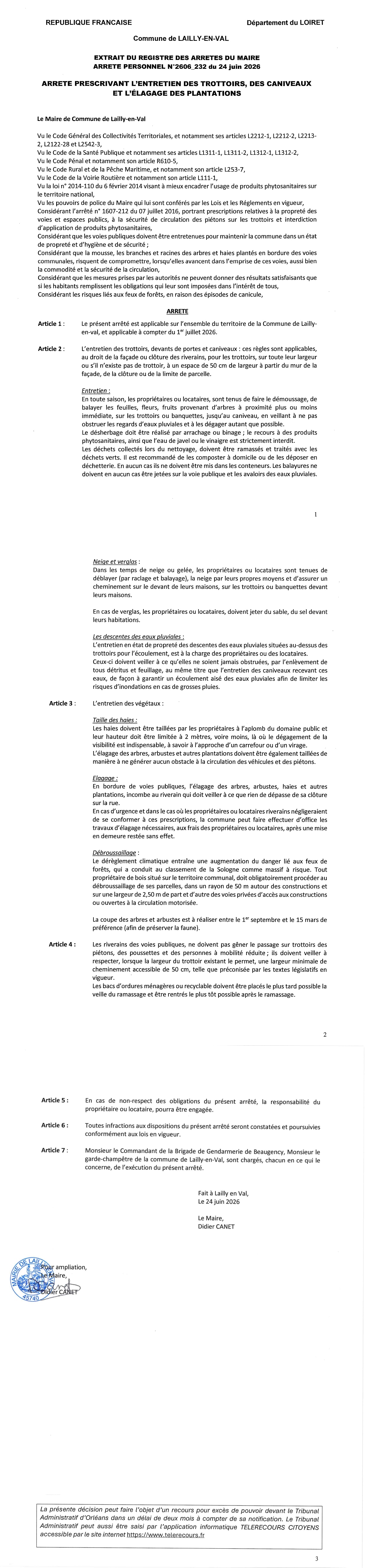 Arrêté 2606_232 du 24 juin 2026 prescrivant l'entretien des trottoirs caniveaux et élagage des plantations_page-0001